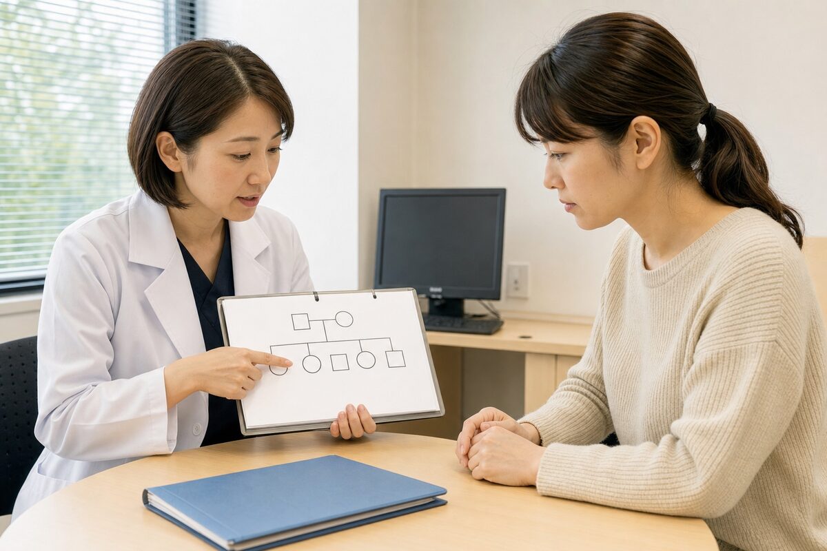 直腸がんの家族歴や既往歴を医療者と確認する様子