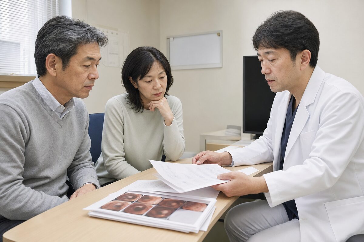 直腸がんの原因や家族歴について患者と家族が医師へ相談する様子