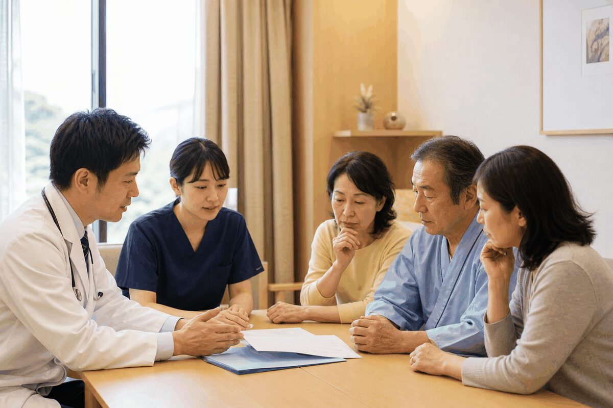 肺がんの転移後の治療目標を患者と家族、医療者で話し合う様子