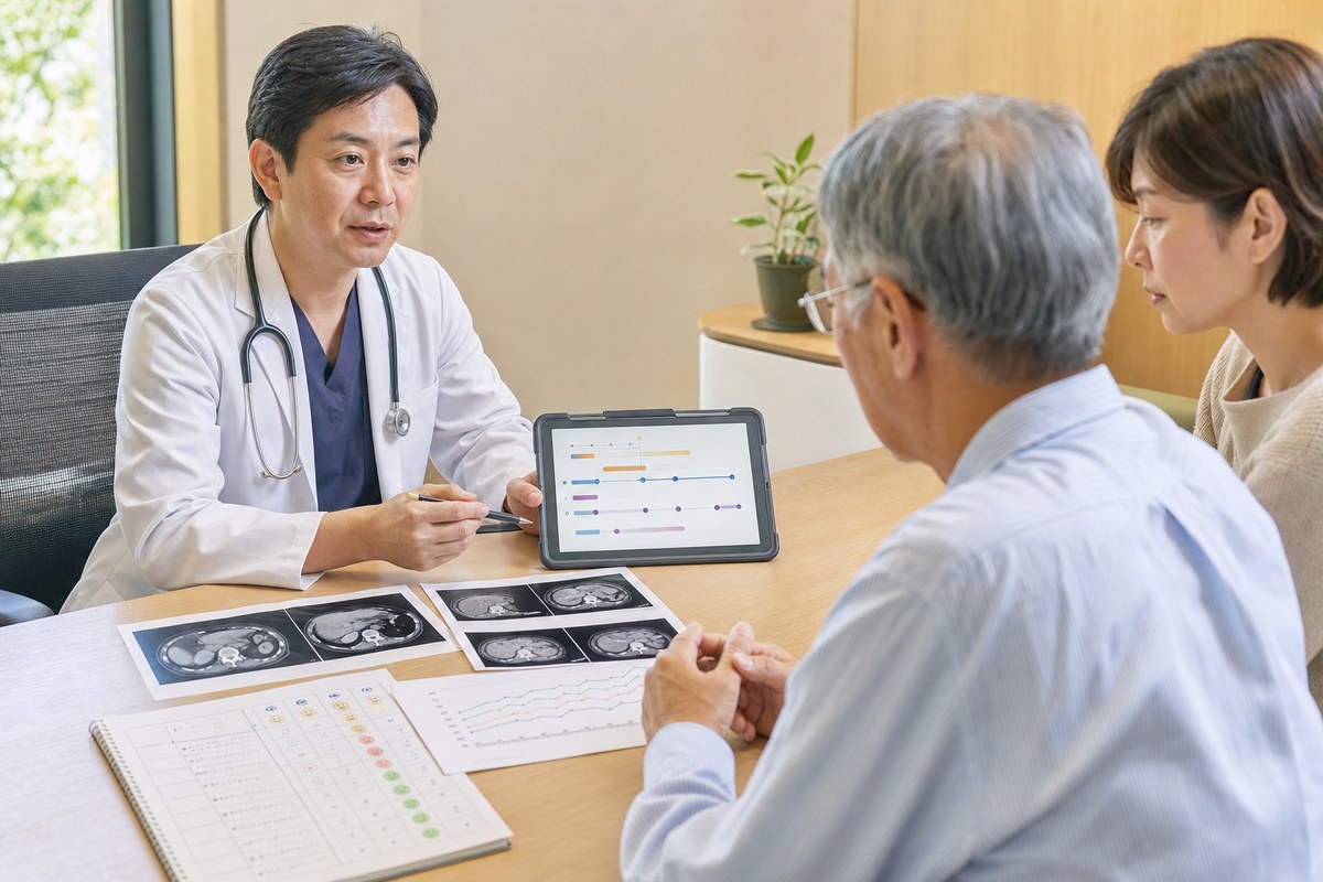 膵臓がんの転移に関するCT画像と治療歴を医師に相談する患者と家族