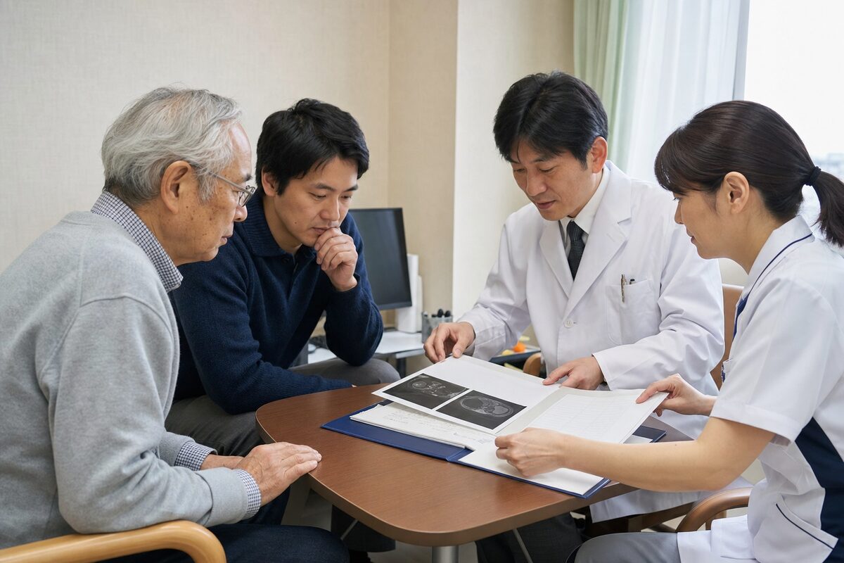 直腸がんの転移に関する診療資料を確認する患者家族と医療者