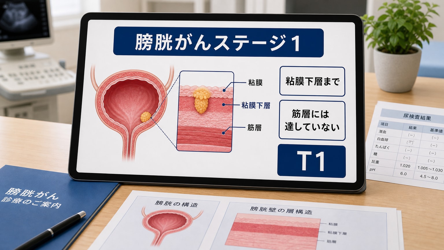 膀胱がんステージ1で粘膜下層までにとどまり筋層には達していない状態を示す医療画像