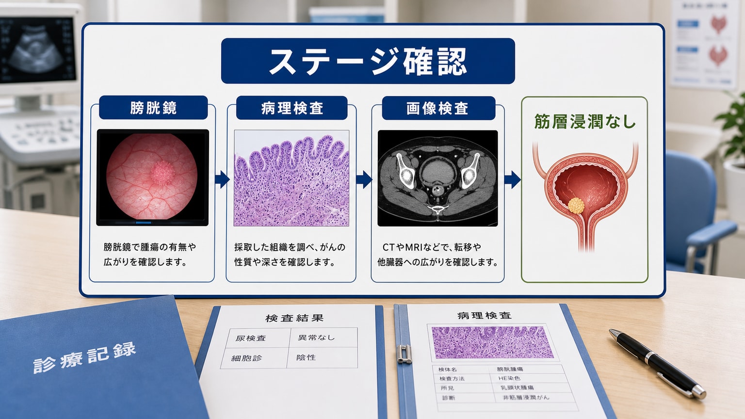 膀胱がんステージ1を膀胱鏡や病理検査や画像検査で確認する流れの医療画像