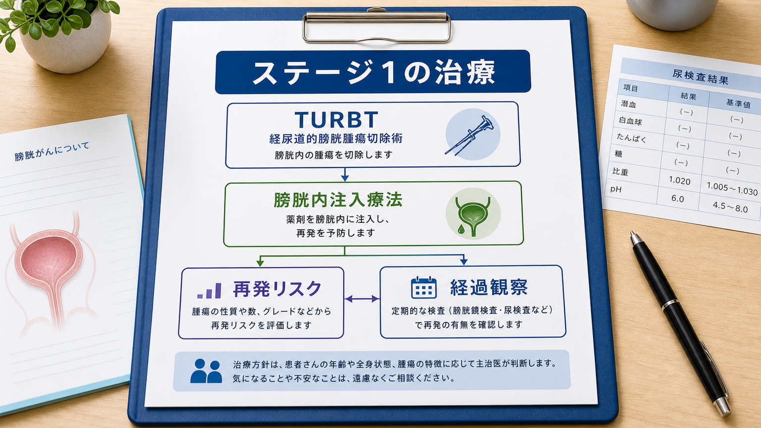 膀胱がんステージ1の治療としてTURBTや膀胱内注入療法や経過観察を示す医療画像