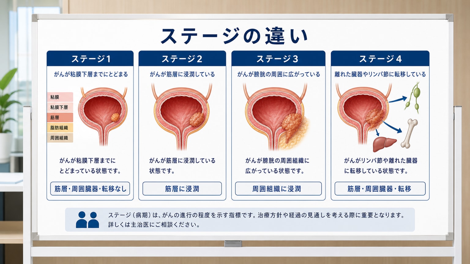 膀胱がんステージ1とステージ2から4の違いを筋層や周囲臓器や転移で比較する医療画像