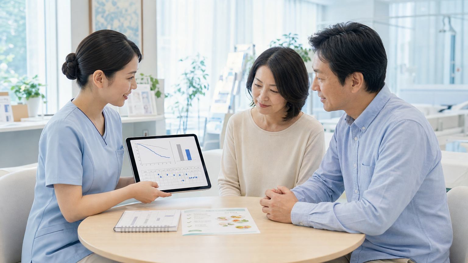 胃がんステージ3の生存率資料と治療後の経過観察計画を確認する場面
