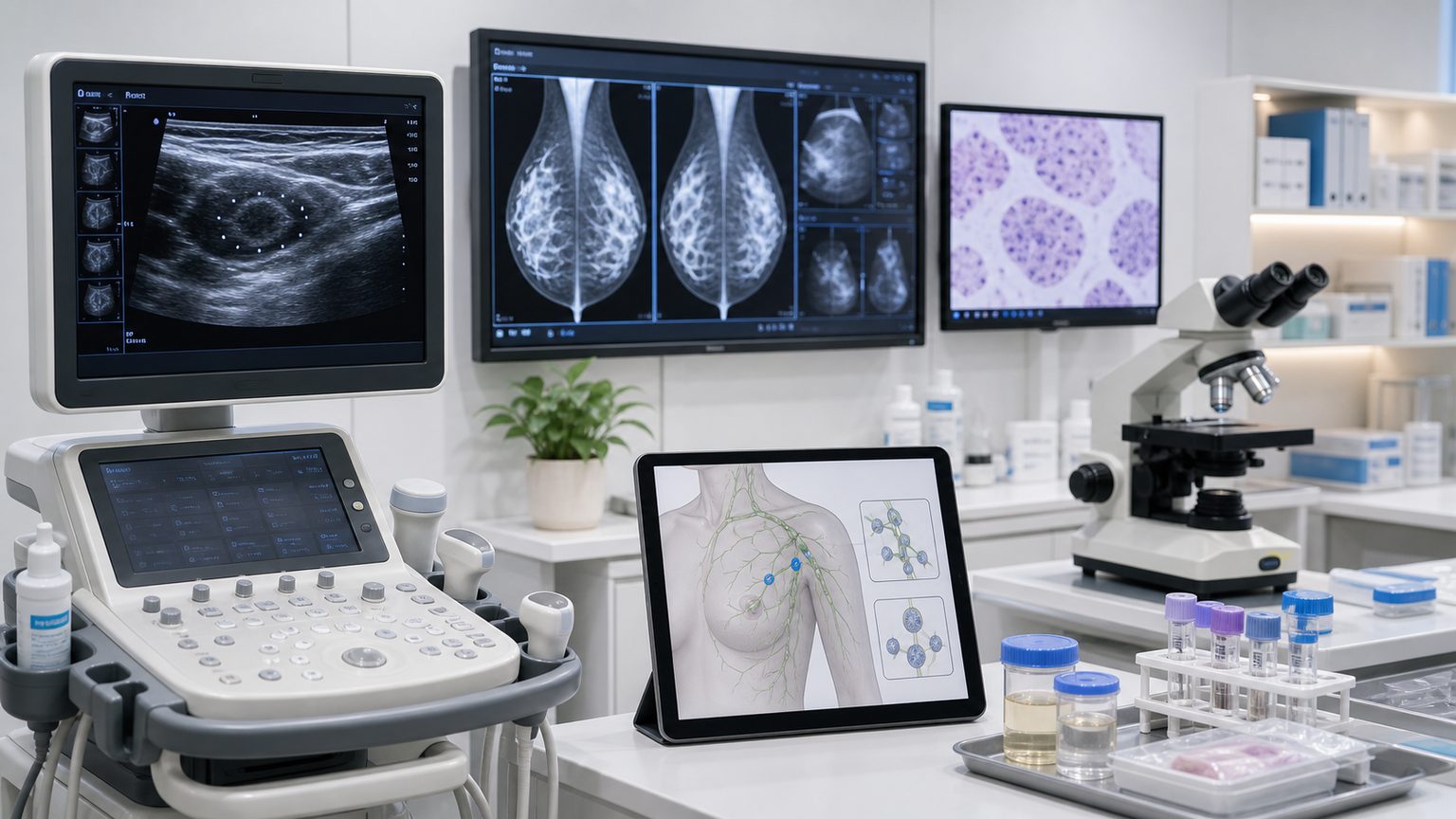 乳がんリンパ節転移の超音波や病理検査を確認する検査室