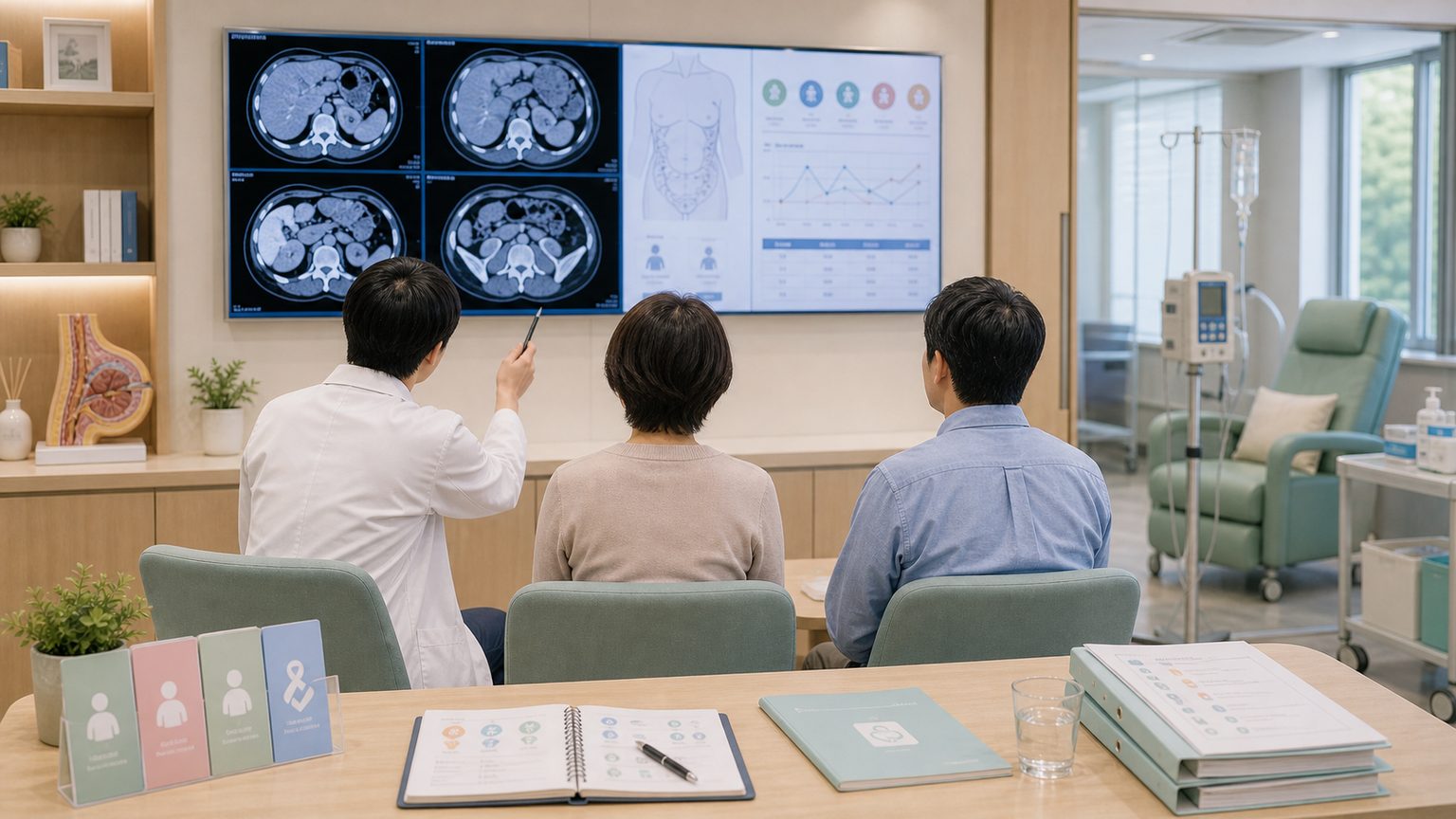 乳がん腹膜播種の相談で腹部画像と治療歴を確認する外来