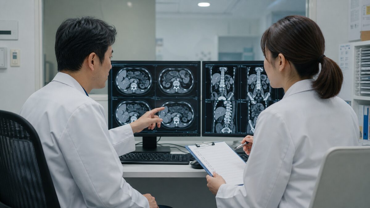 医師が大腸がんのリンパ節を画像検査で確認する様子