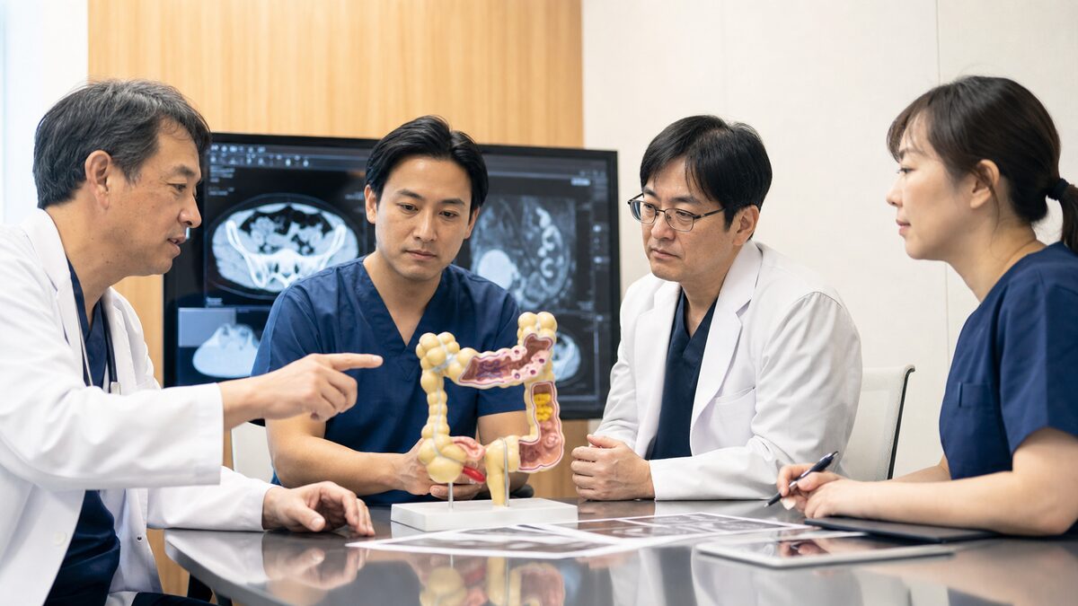医療チームが大腸がんのリンパ節転移に対する治療方針を検討する様子