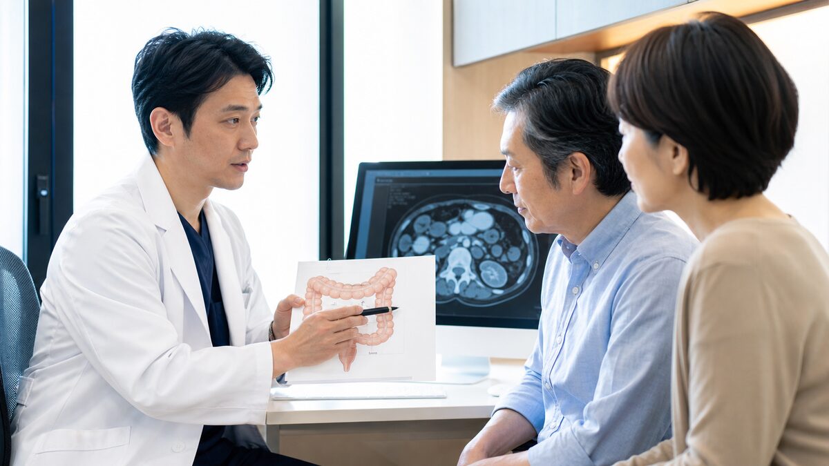 患者と家族が大腸がんのリンパ節転移について医師へ相談する様子