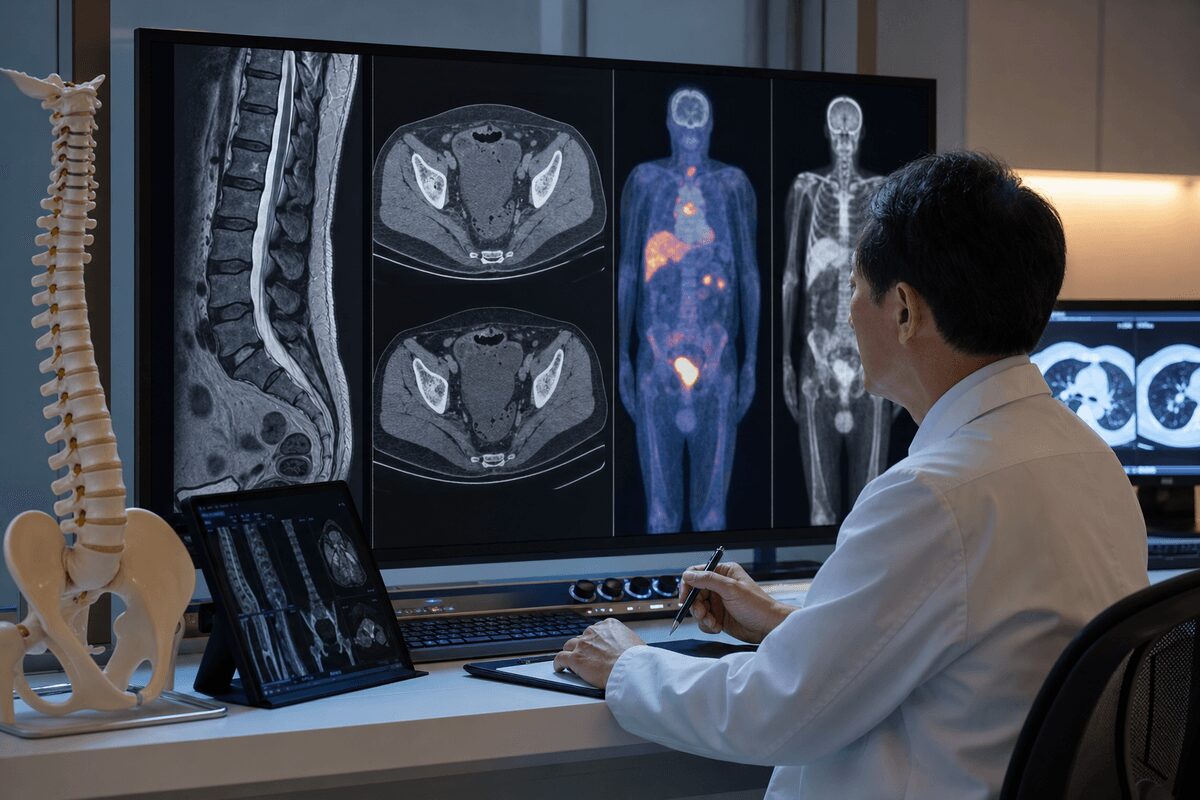 画像検査で背骨や骨盤などの骨転移を確認するイメージ