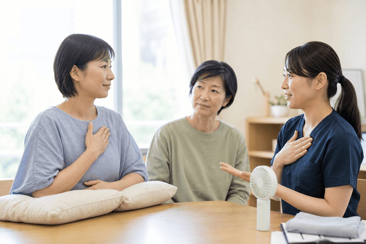 呼吸を楽にする姿勢と自宅での体調確認を医療者から学ぶ患者