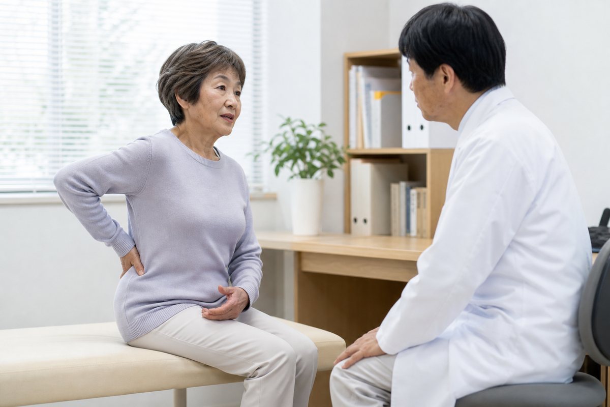 腰や股関節周辺の持続する痛みを日本人医師へ相談する患者
