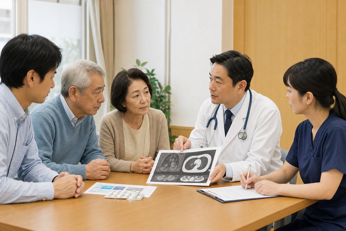 膵臓がんの骨転移について日本人患者と家族が医療者へ相談する様子