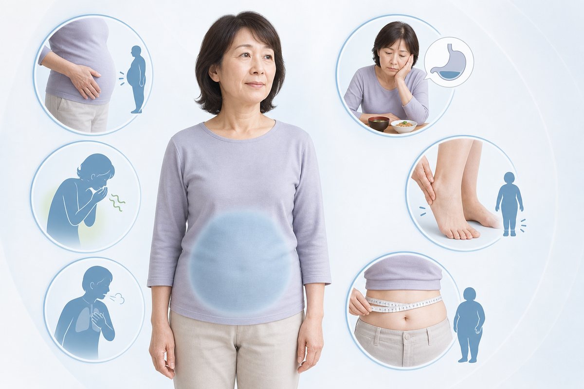 腹水による腹部膨満や食欲低下などを示す日本人患者の医療イラスト
