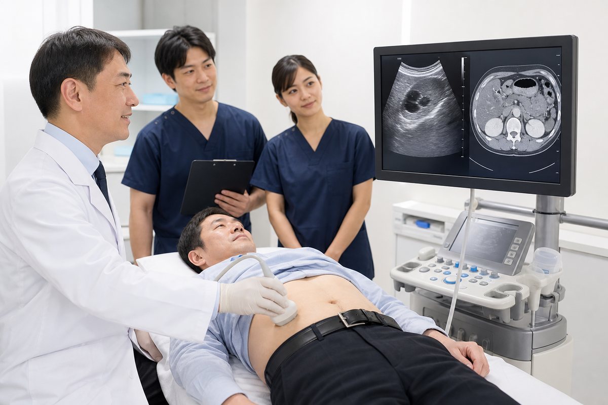 超音波検査とCT画像で膵臓がんの腹水を評価する医療現場