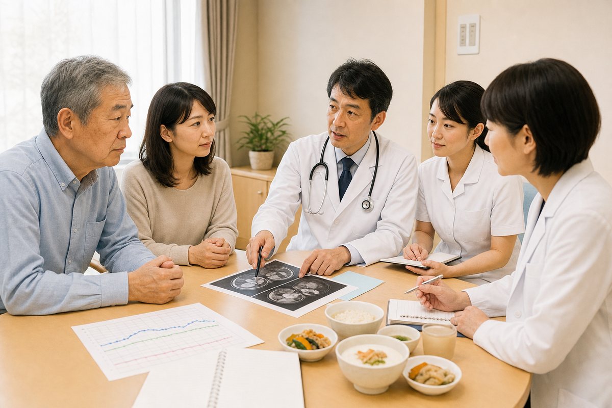 膵臓がんの腹水について医師へ相談する日本人患者と家族