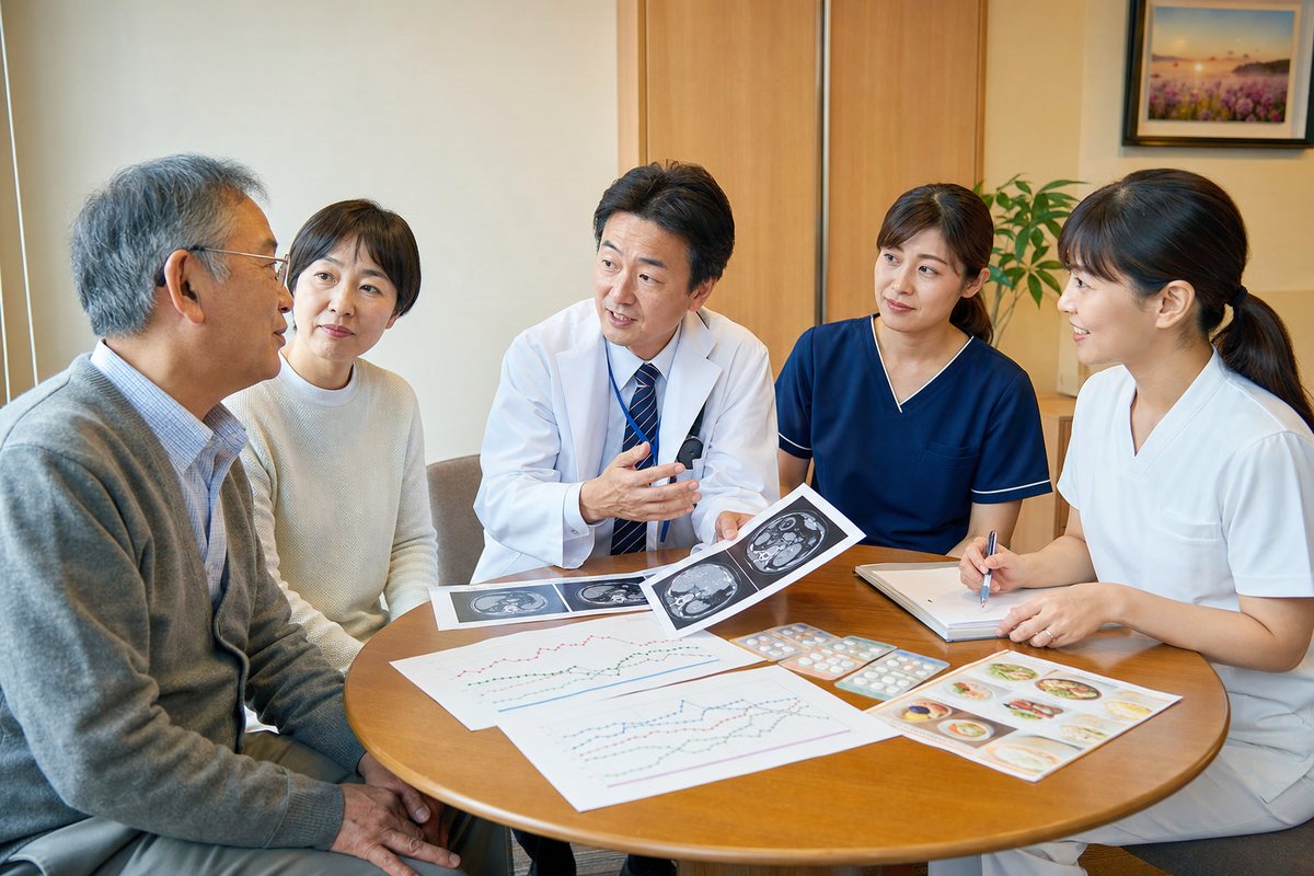 膵臓がん肝転移の治療について相談する日本人患者と家族