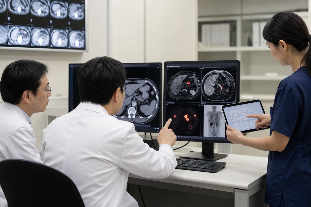 CTやMRIで膵臓周囲のリンパ節を確認する医療イメージ