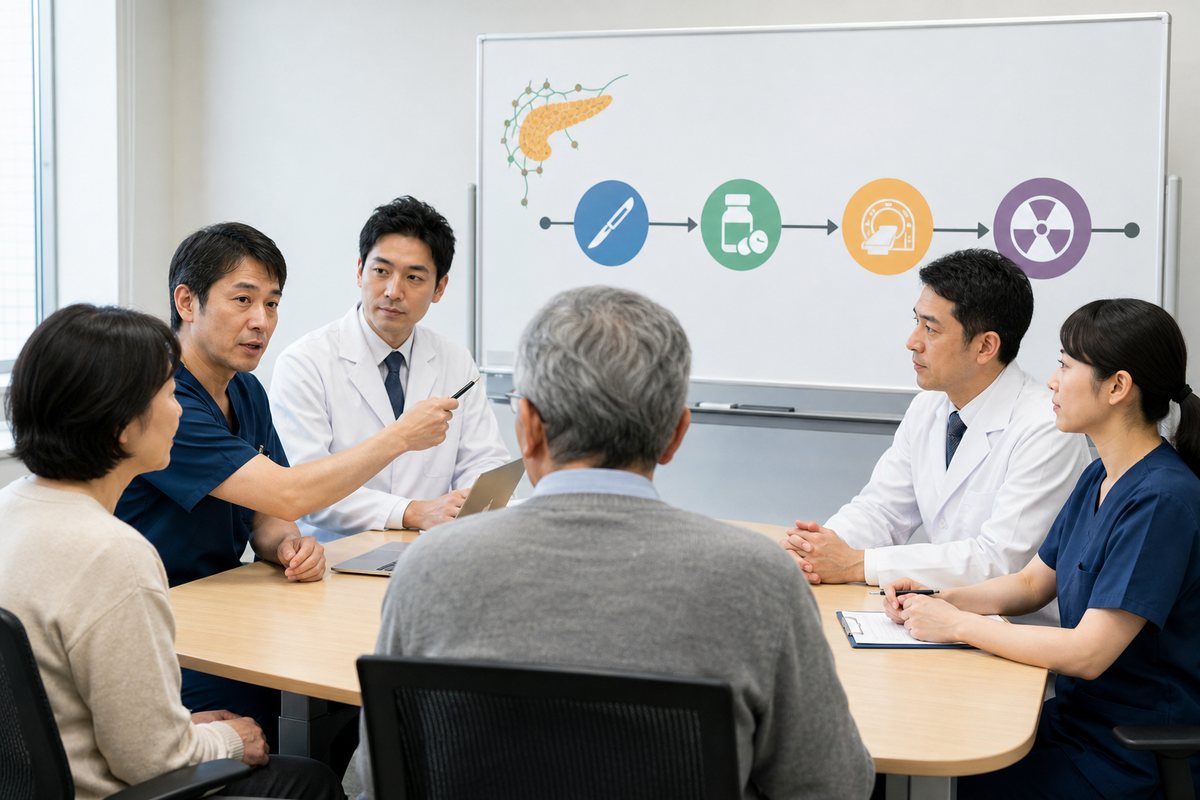 膵臓がんリンパ節転移の手術と薬物療法を検討する医療チーム
