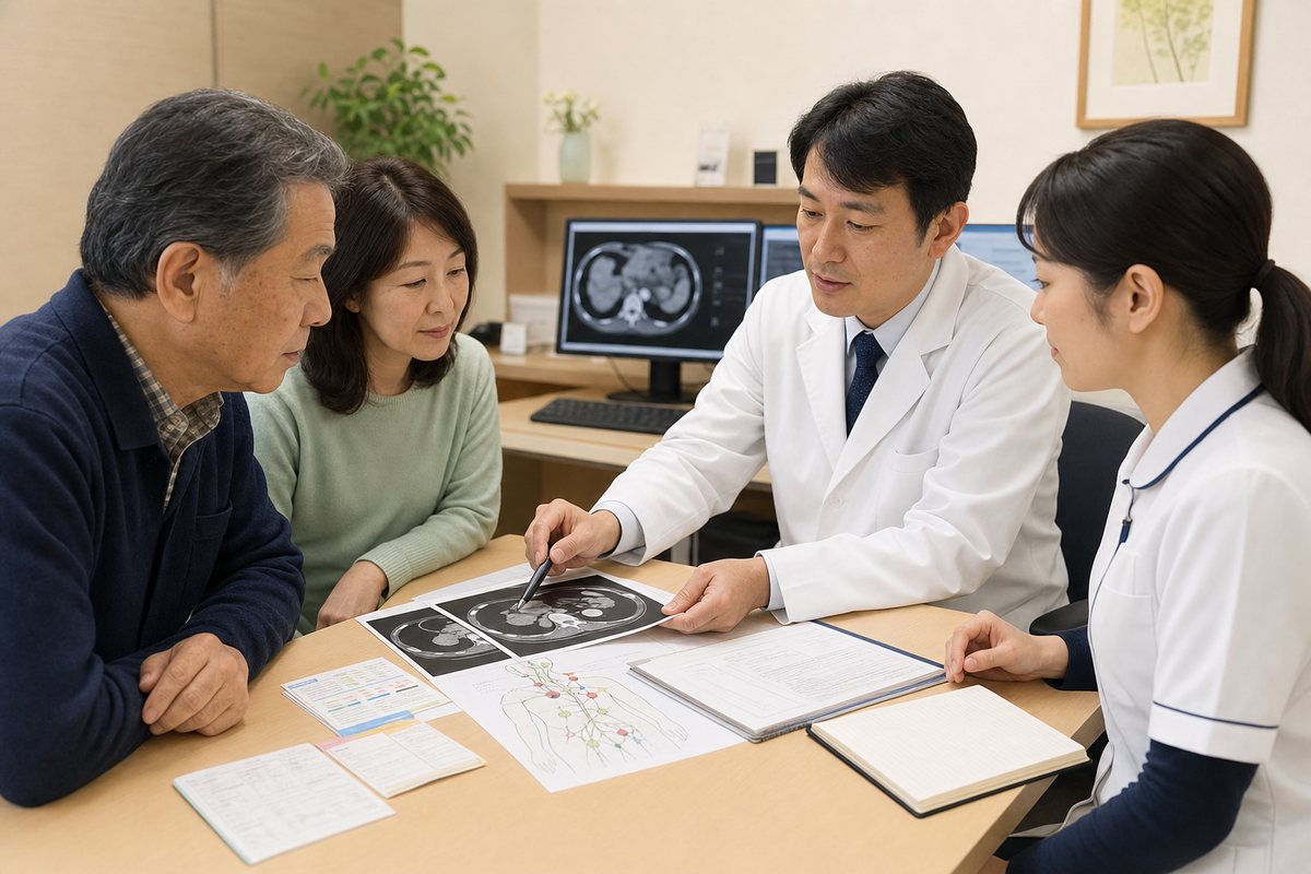 膵臓がんリンパ節転移について相談する日本人患者と家族