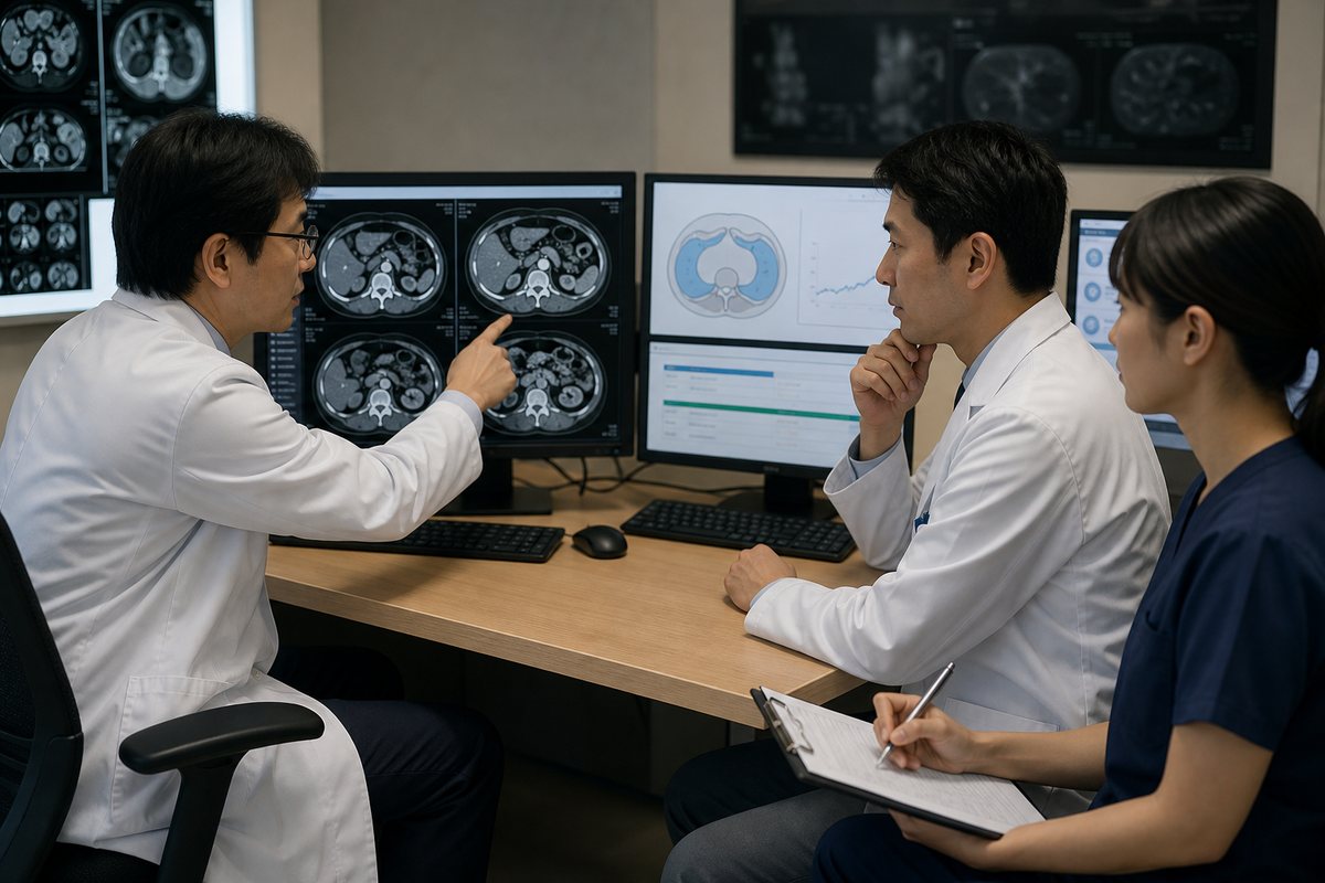 CT画像と腹水検査を確認して腹膜播種の治療を検討する医療者