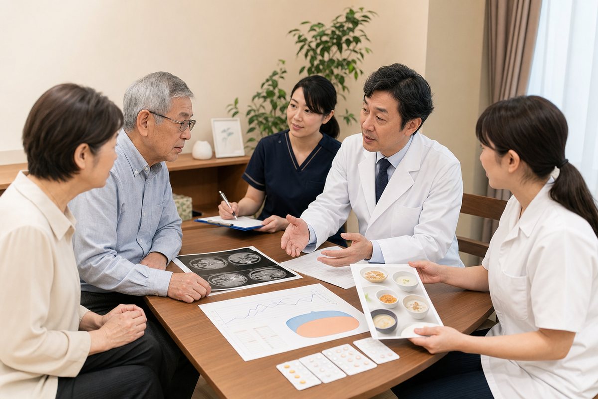 膵臓がん腹膜播種について相談する日本人患者と家族
