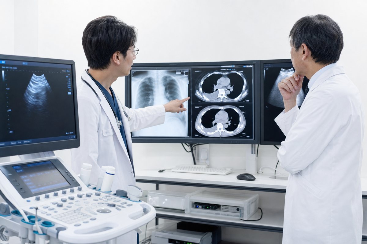 胸部X線とCT、超音波で胸水を評価する日本人医師