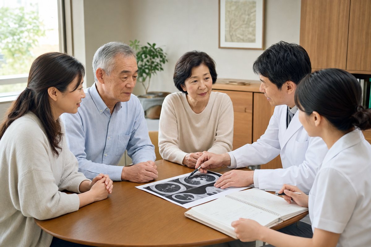 膵臓がんの胸水について日本人患者と家族が医療者へ相談する様子