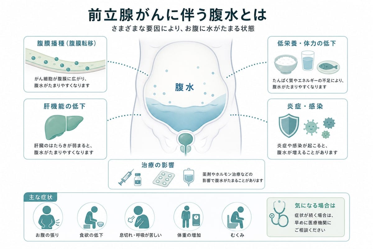 前立腺がんに伴う腹水の原因候補を示した医療図解