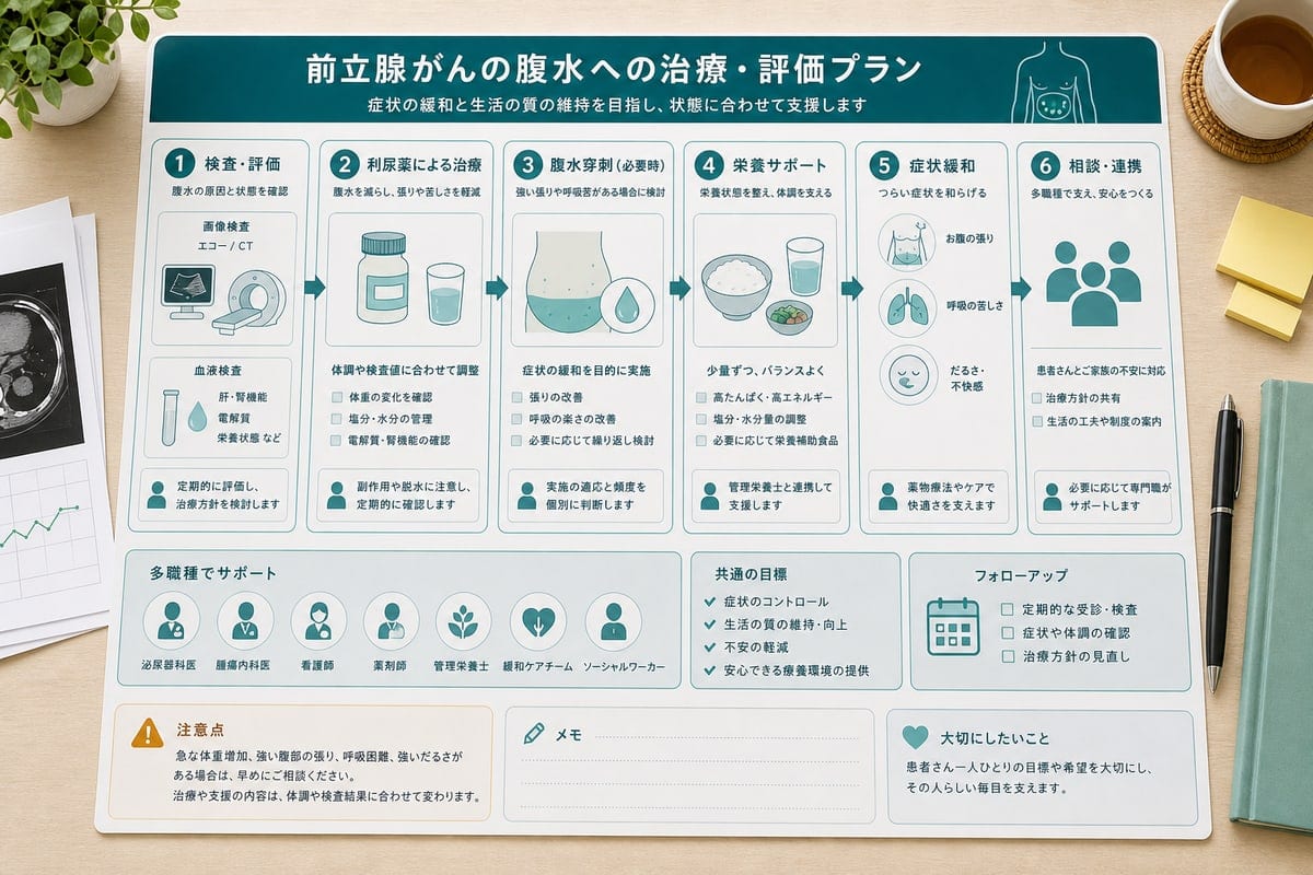 前立腺がん腹水の検査や利尿薬や腹水穿刺や栄養支援を整理した治療計画