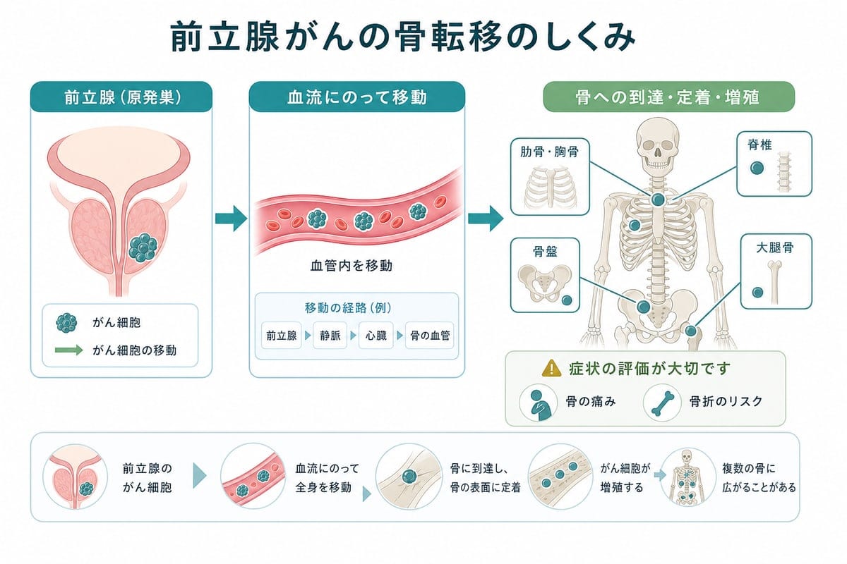 前立腺がんが血流を介して骨へ転移するしくみを示した医療図解