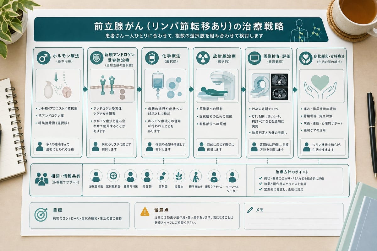 前立腺がんリンパ節転移の薬物療法や放射線治療や経過観察を整理した治療計画