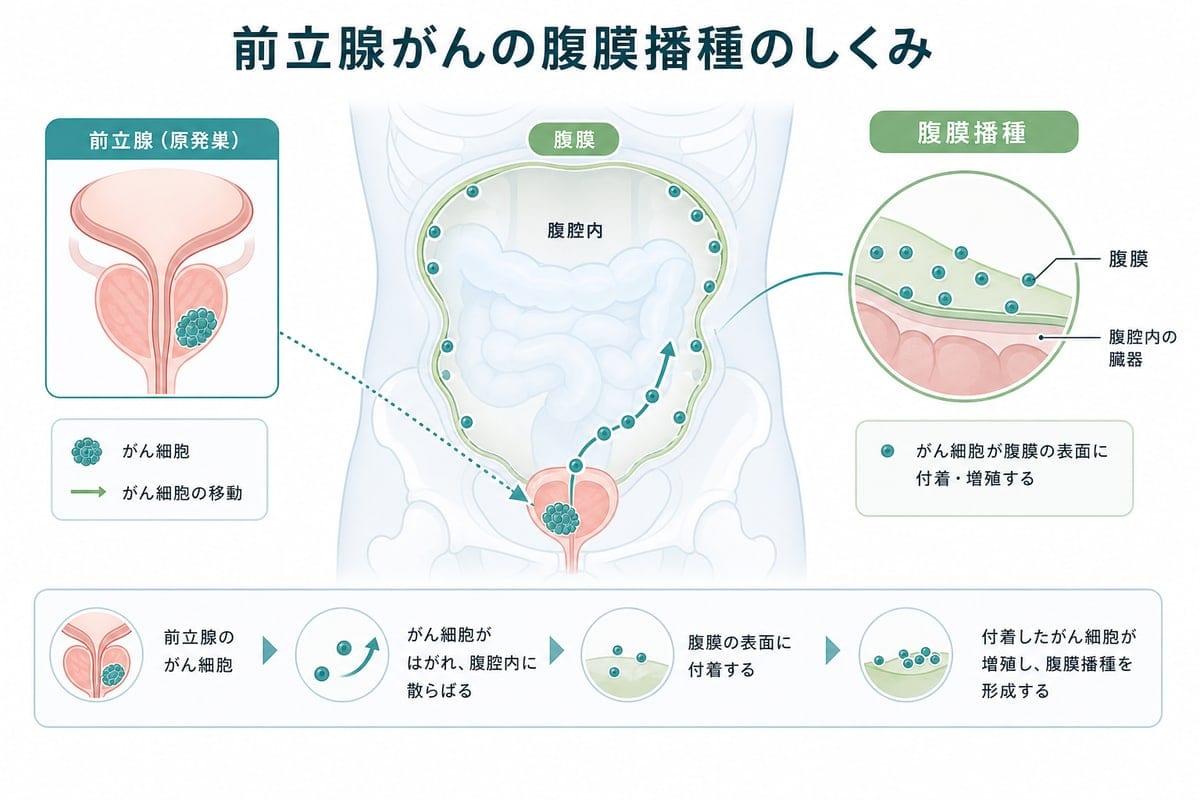 前立腺がんが腹膜へ広がるしくみを示した医療図解