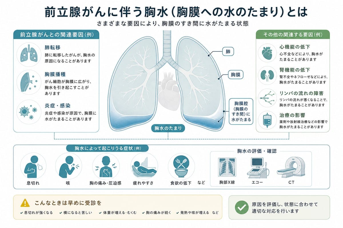 前立腺がんに伴う胸水の原因候補と胸膜腔への水分貯留を示した医療図解