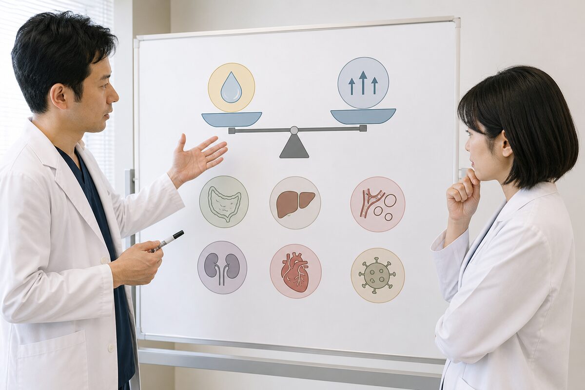 腹膜や肝臓、栄養状態など腹水の複数の原因を確認する医師