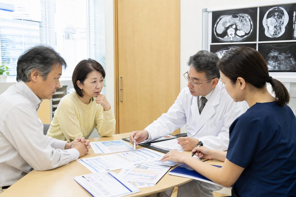 腹囲や体重の記録を見ながら腹水への対応を相談する患者様と医療者