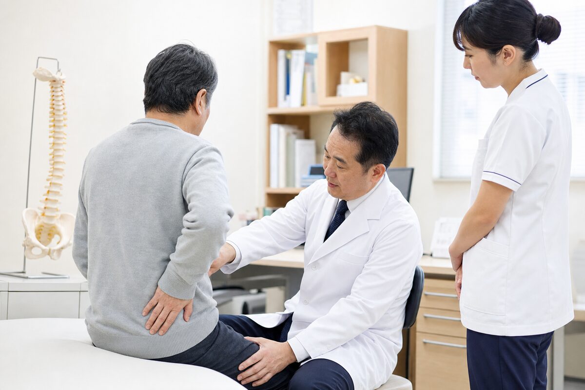 腰や骨盤の痛みについて医師の診察を受ける患者