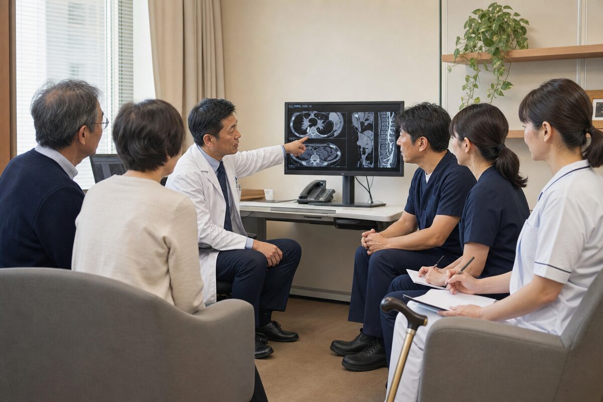 骨転移の治療と安全な生活について多職種へ相談する患者と家族
