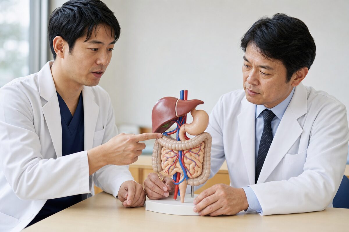 消化管と肝臓の模型を使って肝転移の仕組みを確認する医師
