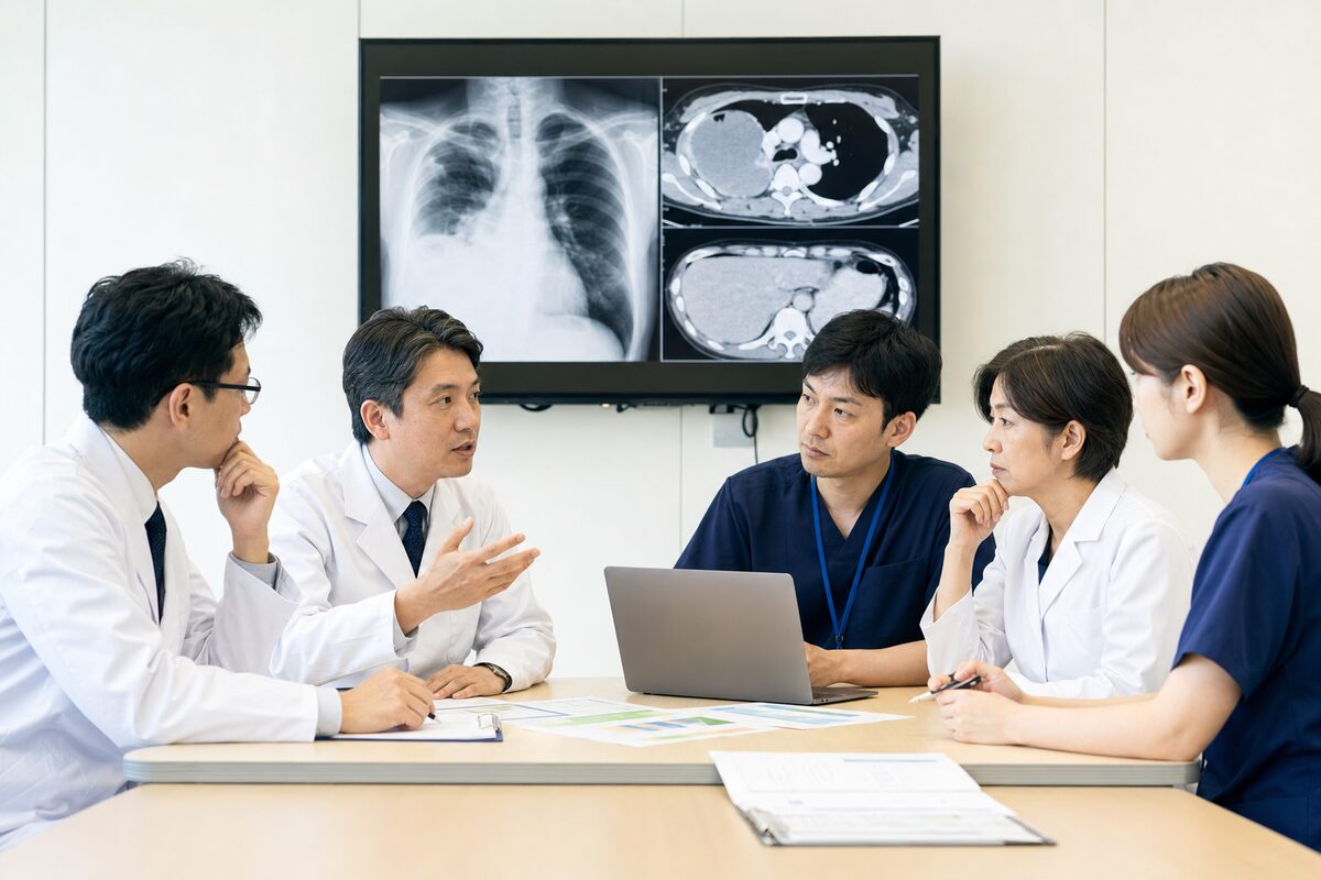 直腸がんの胸水に対する治療方針を多職種で検討する様子
