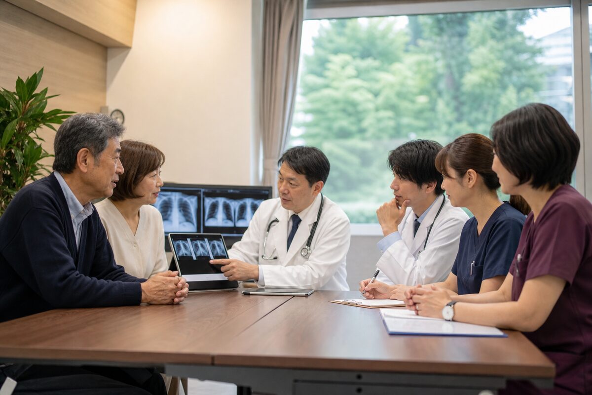 胸水の再貯留や自宅での呼吸管理について相談する患者と家族