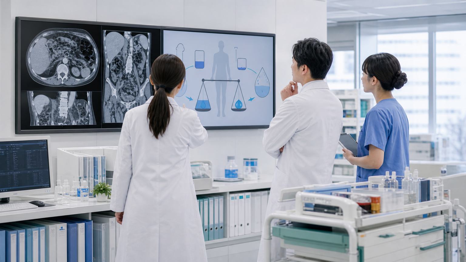 胃がんの腹水についてCT画像と体液バランスを確認する医療チーム