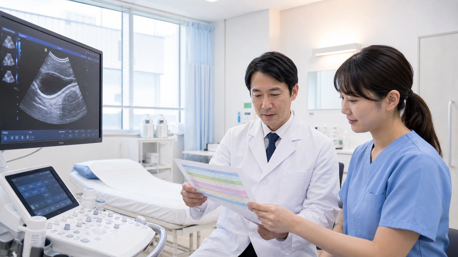 胃がんの腹水を腹部超音波画像と血液検査から評価する診察室