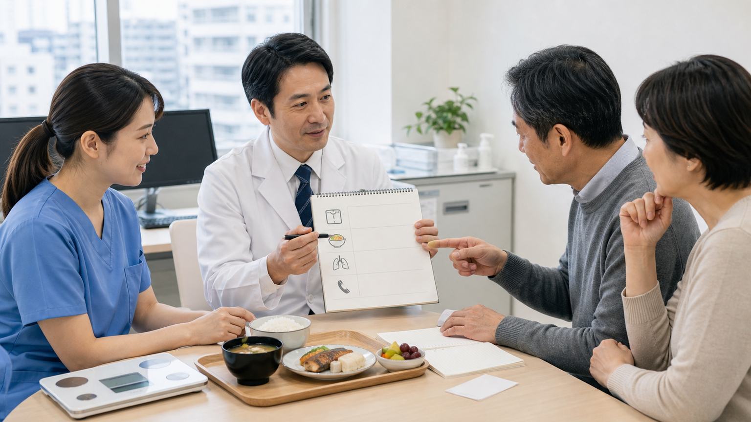胃がんの腹水について食事と症状記録を患者と家族へ説明する医療者