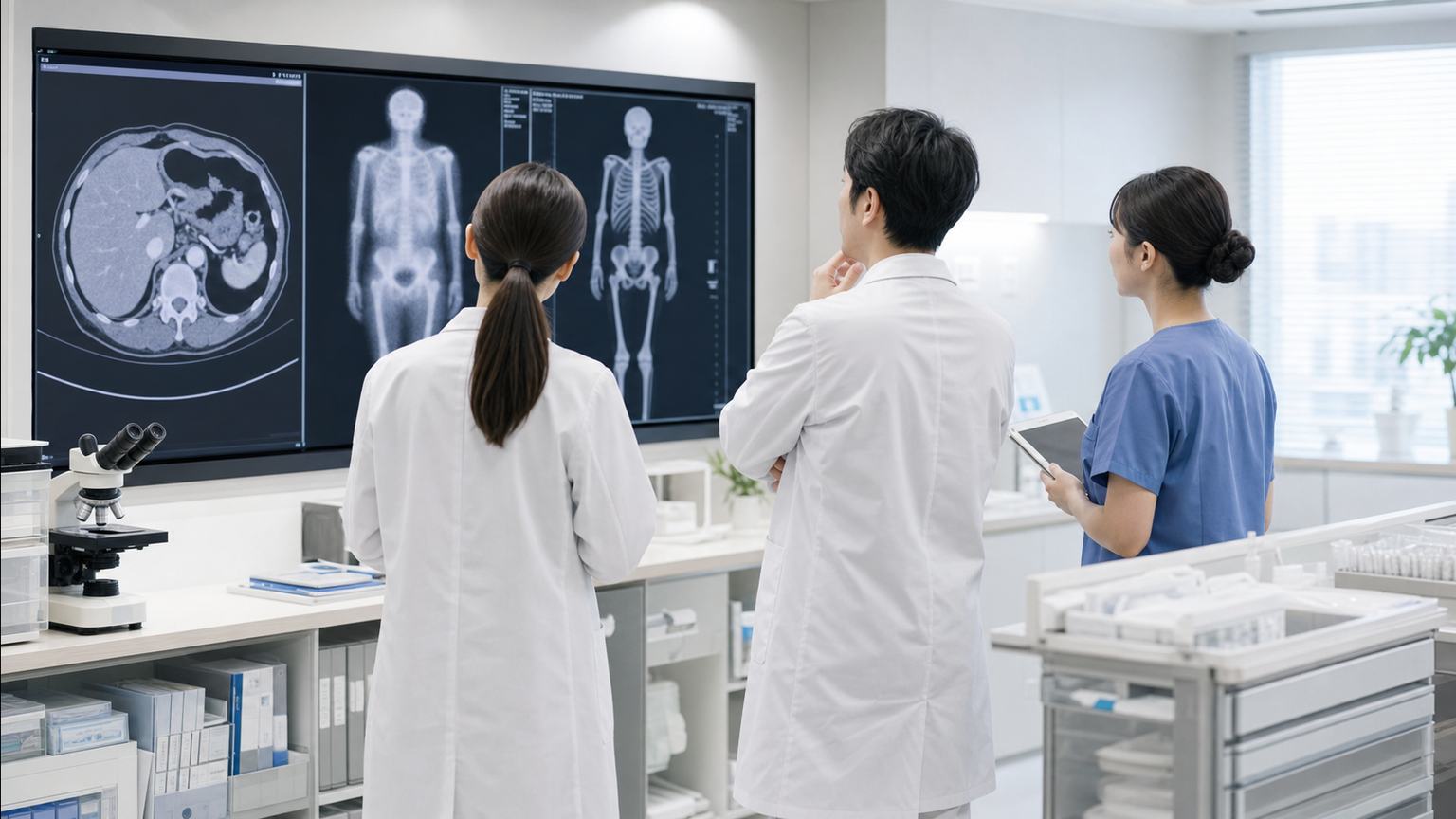 胃がんの骨転移についてCTと骨シンチグラフィを確認する医療チーム