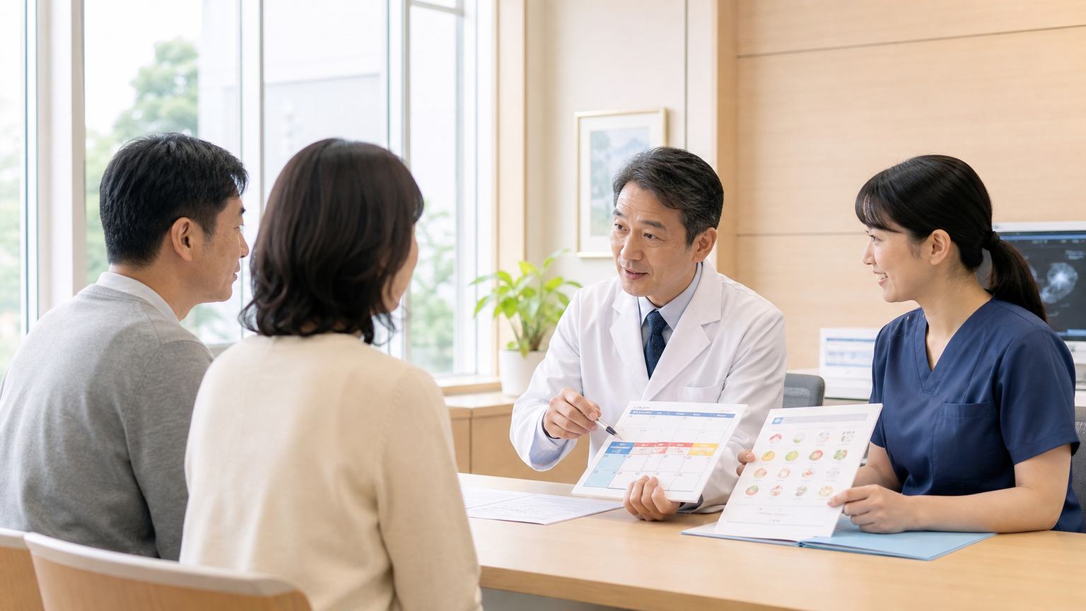 胃がん肝転移の治療選択と生活支援を患者・家族へ説明する診察場面