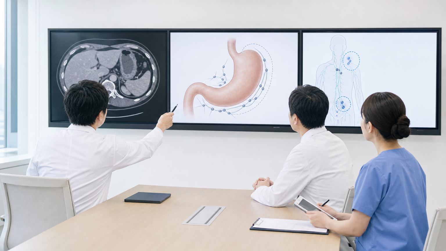 胃がんの領域リンパ節と遠隔リンパ節の違いを医療チームが確認する場面