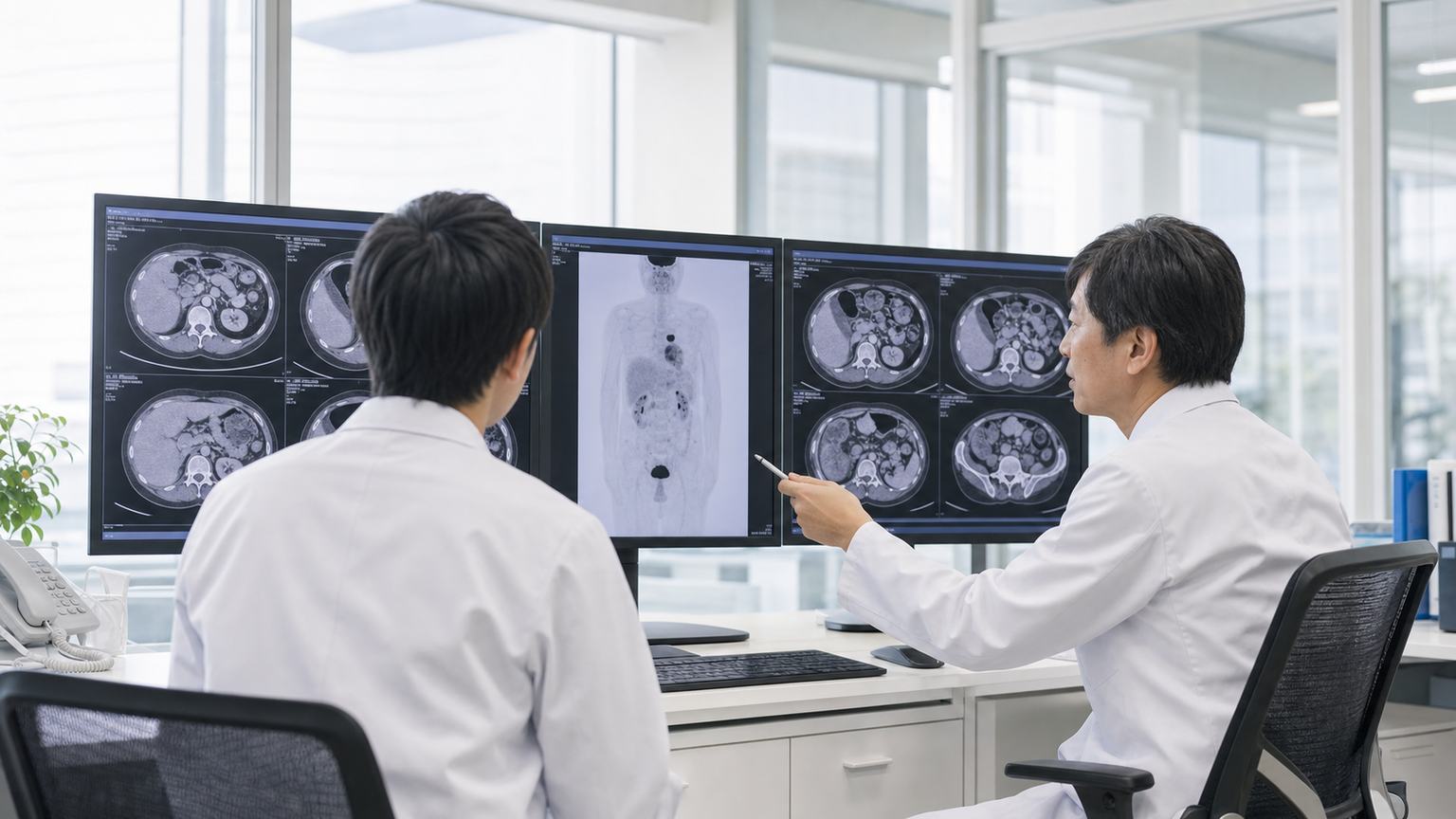 胃がんのリンパ節転移を造影CTとPET画像で確認する放射線科医